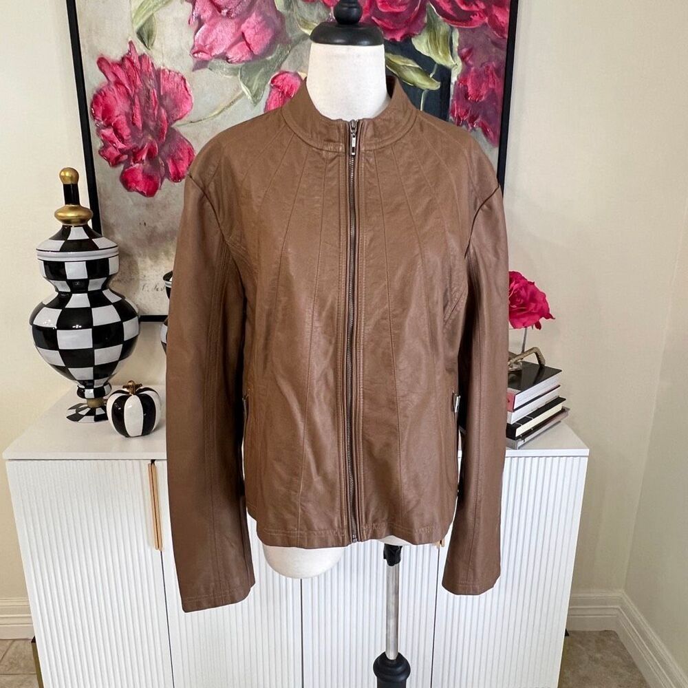 Made By Johnny Women's Full Zip Faux Leather Moto Jacket Brown Size XXL
